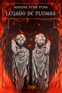 Portada de Legado de plumas. Dos niños de piedra con unas manos sobre los hombros y rodeados de fuego.